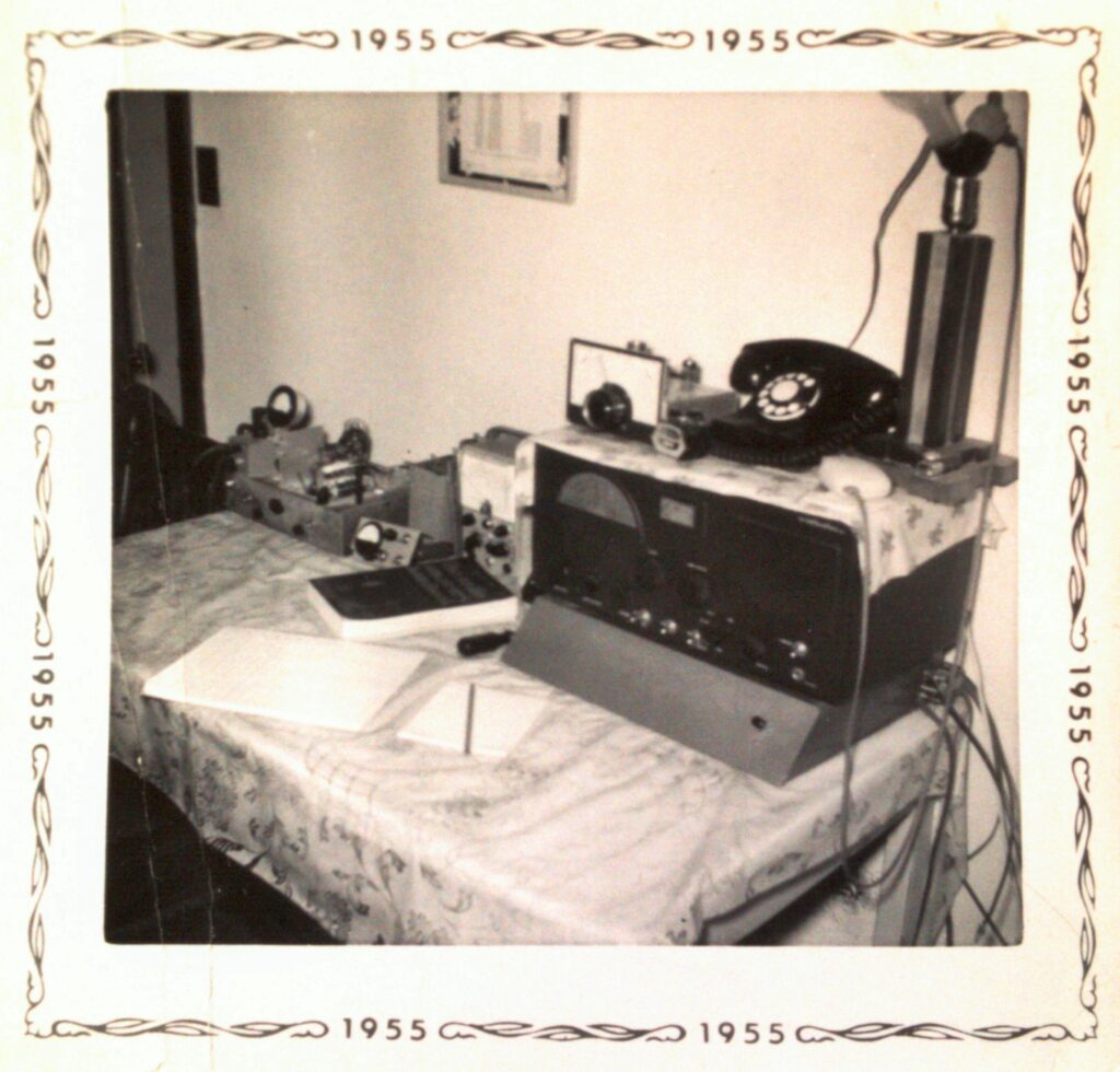 A lot of amateurs built their own gear in the 1950s. This is the 6 meter station of Bill Dmytrasz VE3DNY circa 1955. Pictured here is the 50 MHz down converter atop the receiver. The 50 MHz transmitter at the left is also home-brew. It consisted of a 829B dual tetrode and had a power input of around 50 watts to the final.