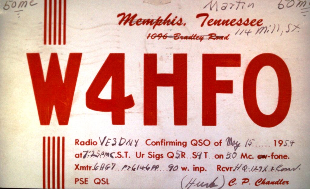 This was the very first contact made by Bill Dmytrasz VE3DNY. It was a DX contact on 50 MHz to Tennessee and was made with the gear pictured in the photo above. Power was fed into a 4 element beam on a 12 foot pole outside bedroom (shack) window.