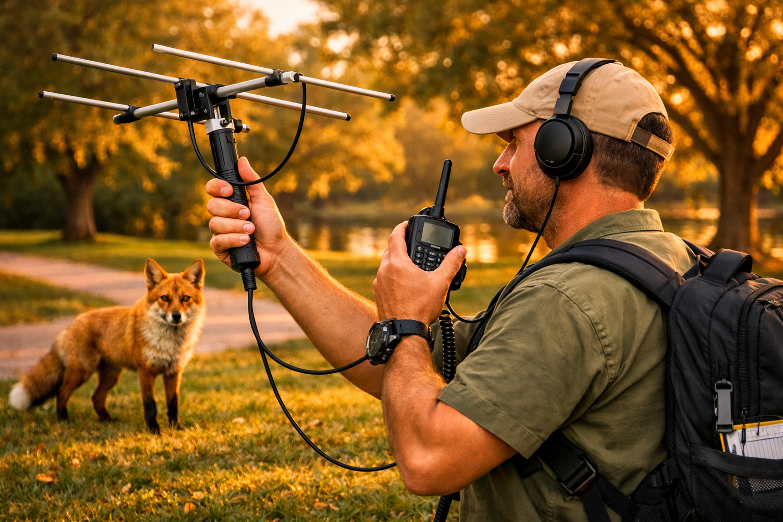 Radio operator in a cap and headphones holding a handheld transceiver beside a Yagi antenna, with a red fox standing in the grass at sunset