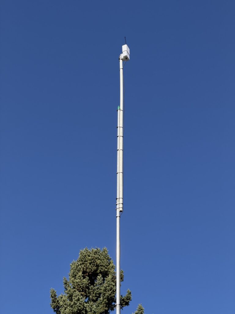 Tall metal mast against a deep blue sky with the white ThinkNode enclosure at the top, well above a nearby evergreen.