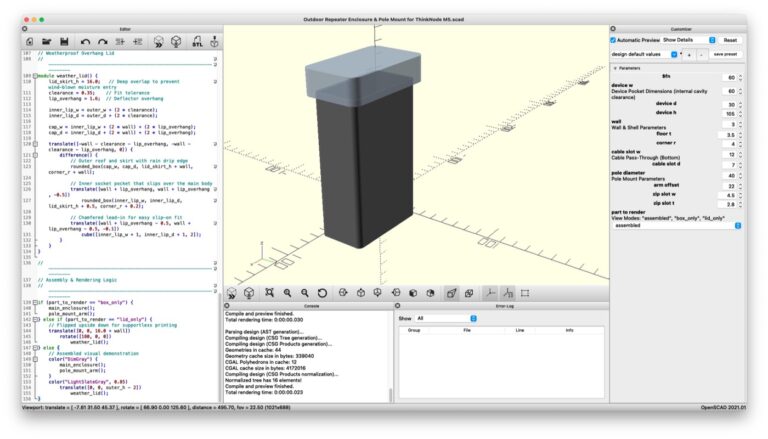 OpenSCAD 3D model of a simple rectangular outdoor enclosure with a flat lid, used to design the printed ThinkNode case.