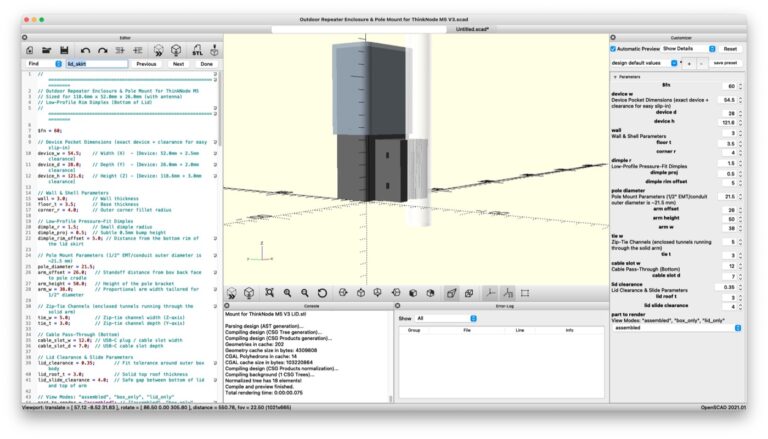 OpenSCAD 3D model of the outdoor enclosure with a side arm for clamping the box to a pole, including parameters for device pocket size and pole diameter.